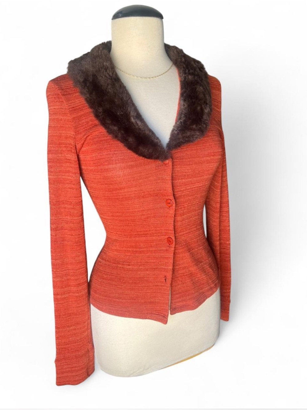 Vintage Lani Orange shimmer Knit Jacket with Brown Faux Fur Collar